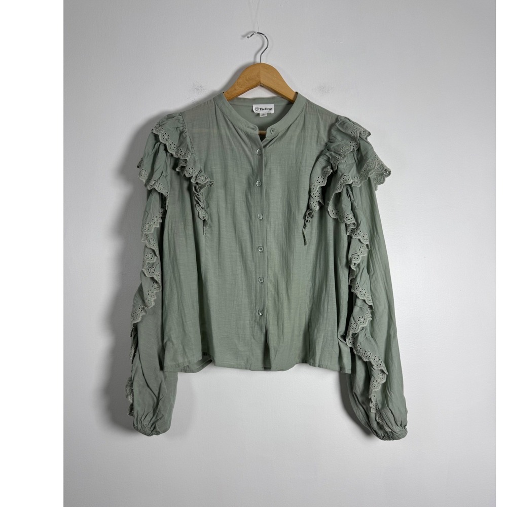 Cottagecore The Drop Womens Size M‎ Blouse Sage Green Eyelet Ruffle Button Front